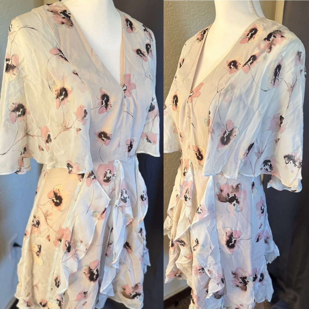 BCBGMAXAZRIA Mabel Floral Silk Dress Flutter Sleeve Ruffle V-Neck 6 - Picture 5 of 13